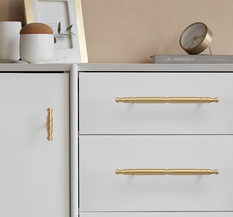 Brushed Gold Cabinet Knobs Pulls Solid Brass Classic Neo-Classical Drawer Handles Kitchen Cupboard Closet Dresser Elegant Home Interiors