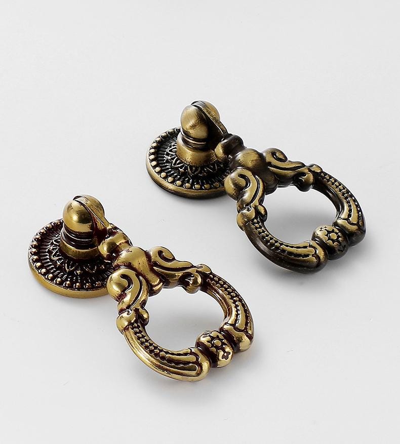Vintage Baroque Solid Brass Cabinet Pulls Antique Gold Bronze Drop Handles Ornate Rosette Design Classic Retro Furniture