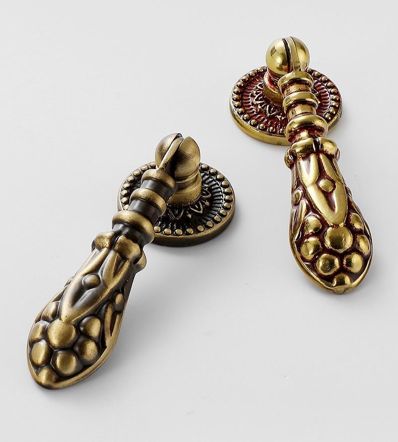 Vintage Baroque Solid Brass Cabinet Pulls Antique Gold Bronze Drop Handles Ornate Rosette Design Classic Retro Furniture