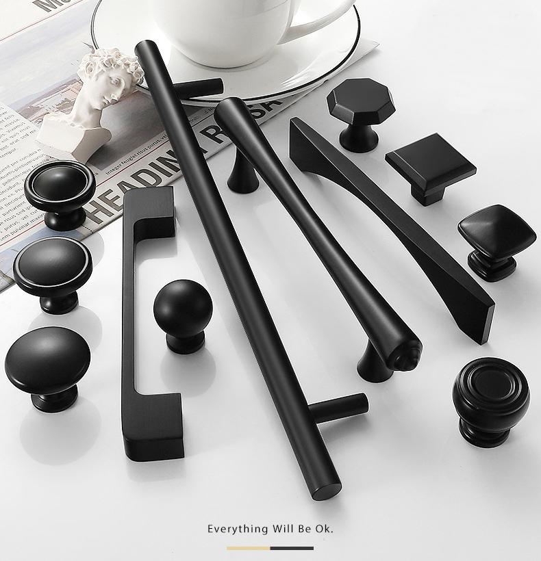 Modern Matte Black Cabinet Handles Knobs Set Minimalist Solid Brass Drawer Pulls for Kitchen Bedroom Wardrobe Furniture Renovation Projects