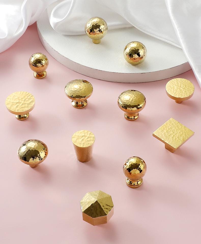 Gold Hammered Solid Brass Cabinet Knobs Modern Geometric Drawer Pulls Kitchen Closet Dresser Textured Brass Finish