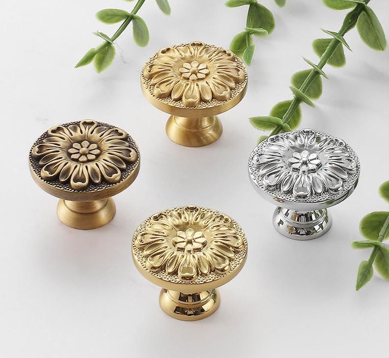Floral Solid Brass Cabinet Knobs Vintage Flower Drawer Pulls Antique Brass Silver Decorative Handles Dresser Wardrobe Closet