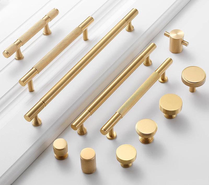 Modern Knurled Gold Solid Brass Cabinet Pulls Industrial Style Drawer Handles Knobs Kitchen Wardrobe Dresser Furniture Hardware