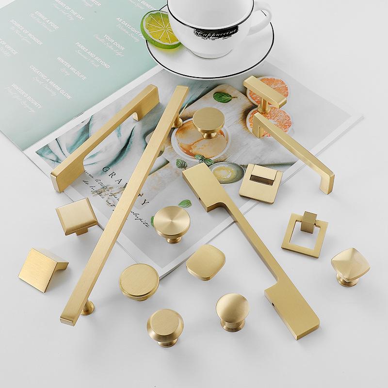 Matte Gold Solid Brass Cabinet Pulls and Knobs Minimalist Scandinavian Modern Handles Drawers Kitchen Bathroom Cabinets Dressers Wardrobes