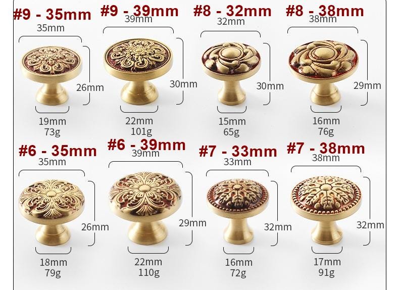Solid Brass Floral Cabinet Pulls & Knobs - Gold Finish for Cabinets - #2 - 22mm / 1pc