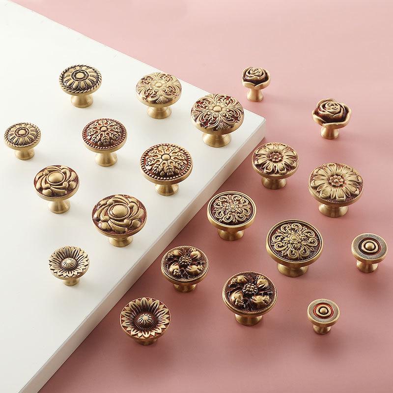 Vintage Baroque Floral Cabinet Knobs Patina Antique Gold Solid Brass Drawer Pulls Classic Retro Furniture Decorative Kitchen Hardware