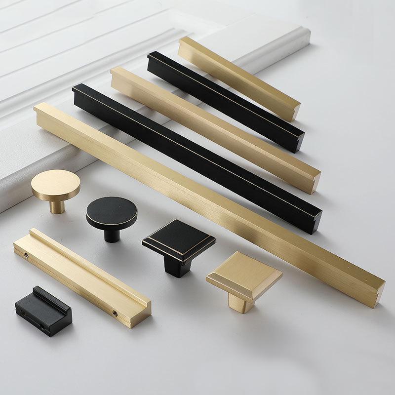 Modern Minimalist Solid Brass Cabinet Pulls Knobs Matte Black Brushed Gold Handles Kitchen Wardrobe Drawer Furniture Decor