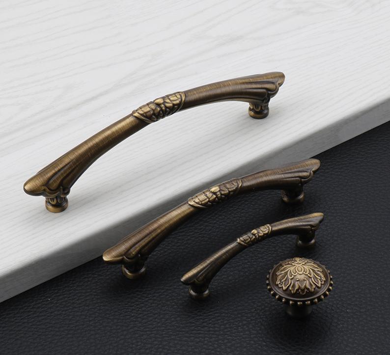 Aged Solid Brass Cabinet Handles Knobs Vintage Antique Style Bronze Drawer Pulls Floral Classic Baroque Furniture Restoration Projects