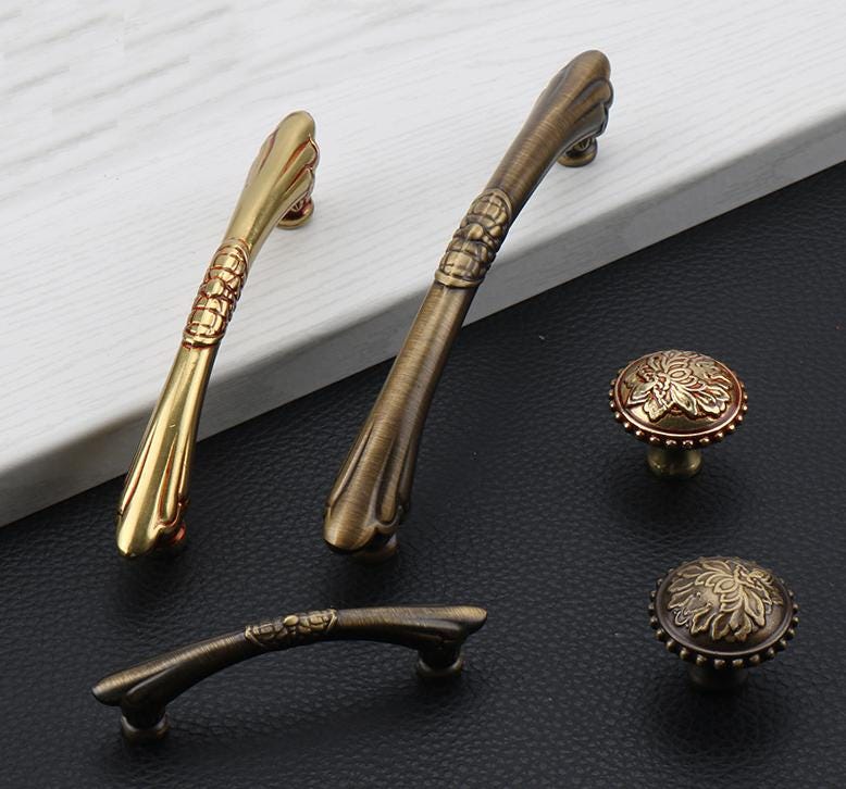 Aged Solid Brass Cabinet Handles Knobs Vintage Antique Style Bronze Drawer Pulls Floral Classic Baroque Furniture Restoration Projects