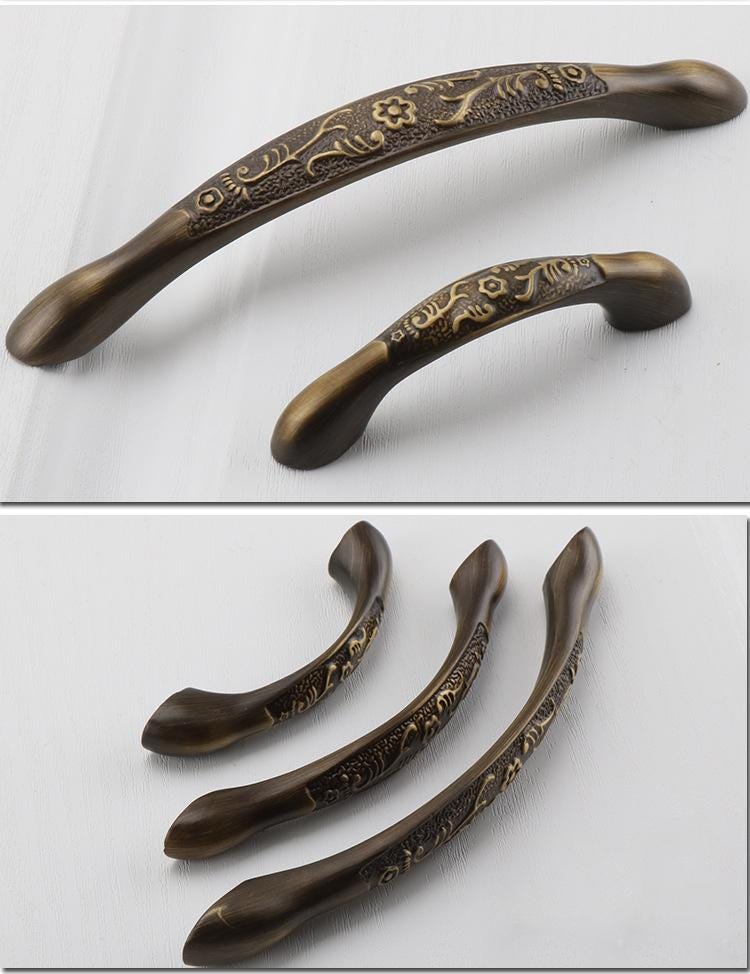 Antique Solid Brass Cabinet Handles Vintage Bronze Drawer Pulls Floral Carved Details Classic Retro Furniture Restoration
