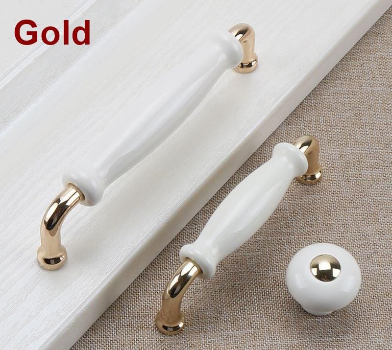 Ceramic & Solid Brass Cabinet Pulls White Vintage Drawer Handles Gold Chrome Accents Classic French Country Style Kitchens Cupboards Drawers
