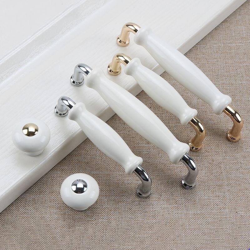 Ceramic & Solid Brass Cabinet Pulls White Vintage Drawer Handles Gold Chrome Accents Classic French Country Style Kitchens Cupboards Drawers