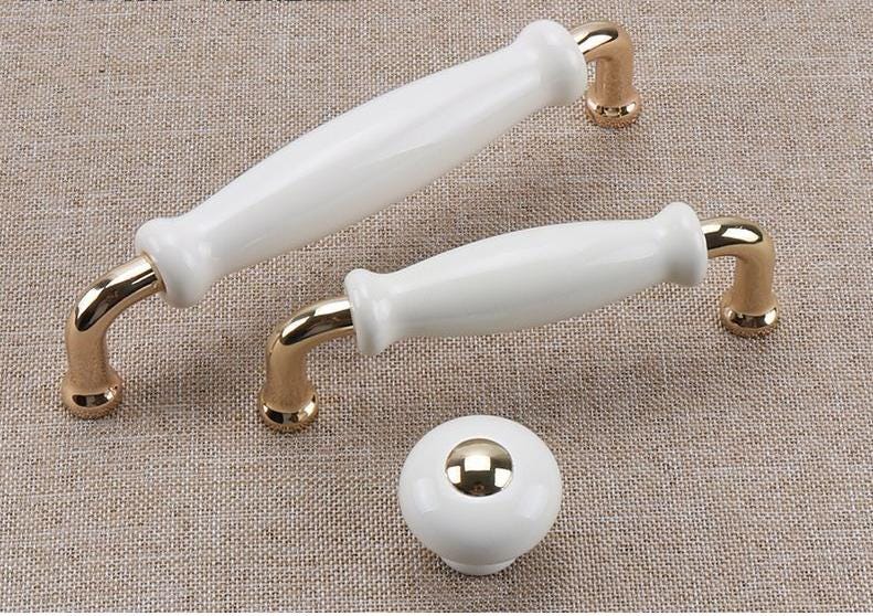 Ceramic & Solid Brass Cabinet Pulls White Vintage Drawer Handles Gold Chrome Accents Classic French Country Style Kitchens Cupboards Drawers