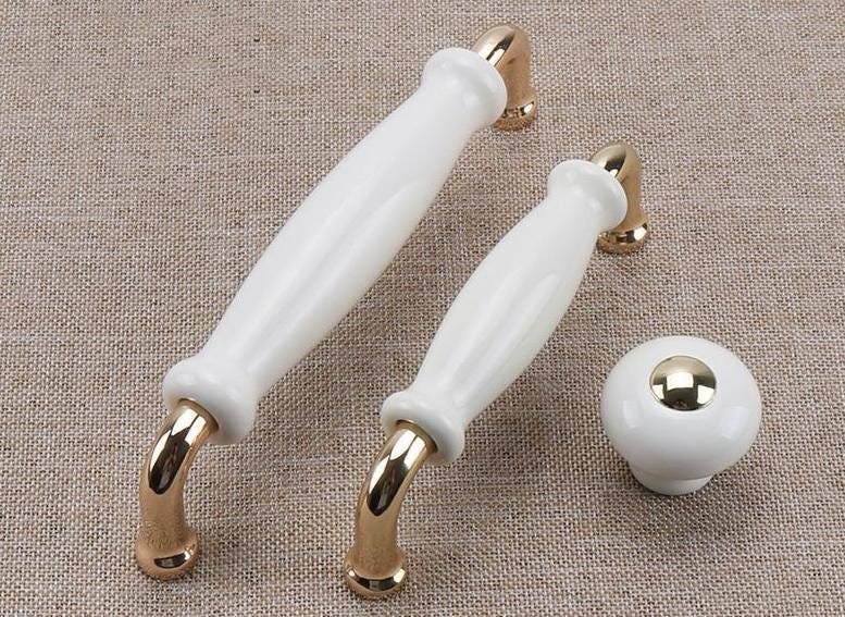 Ceramic & Solid Brass Cabinet Pulls White Vintage Drawer Handles Gold Chrome Accents Classic French Country Style Kitchens Cupboards Drawers