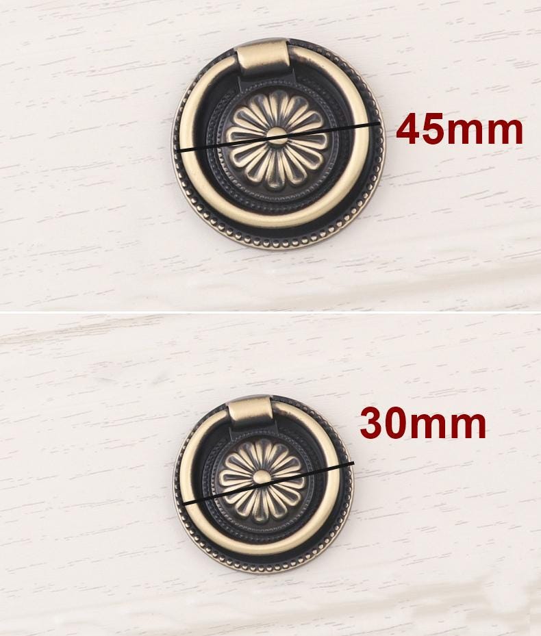 Vintage Ring Pull Handles Solid Brass Cabinets Drawers Antique Brass Black Red Bronze Floral Knobs Classic Retro Traditional Furniture Decor