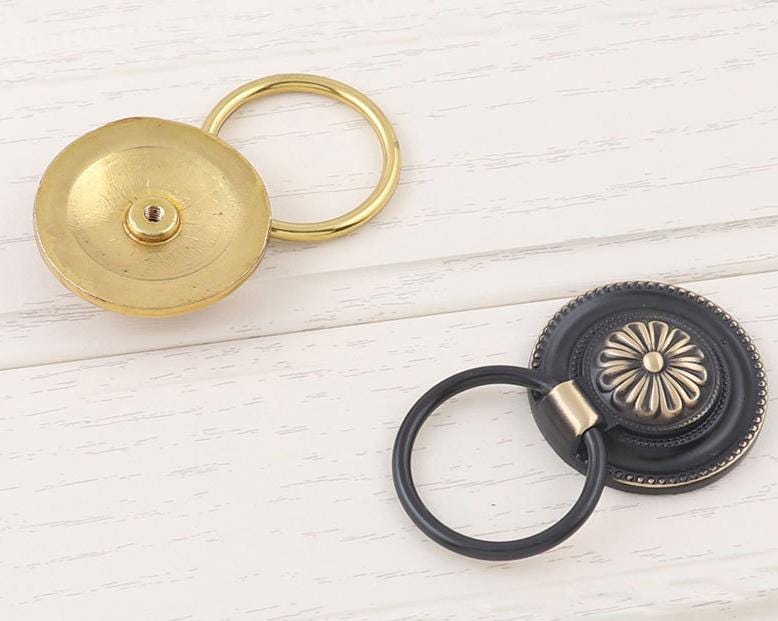 Vintage Ring Pull Handles Solid Brass Cabinets Drawers Antique Brass Black Red Bronze Floral Knobs Classic Retro Traditional Furniture Decor