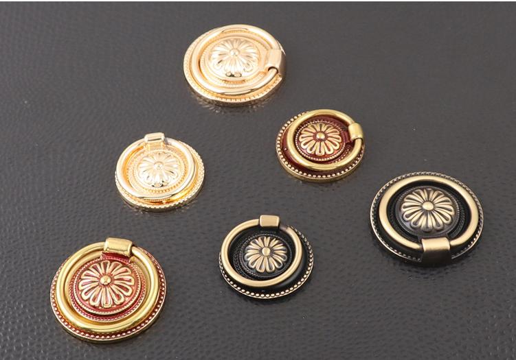 Vintage Ring Pull Handles Solid Brass Cabinets Drawers Antique Brass Black Red Bronze Floral Knobs Classic Retro Traditional Furniture Decor