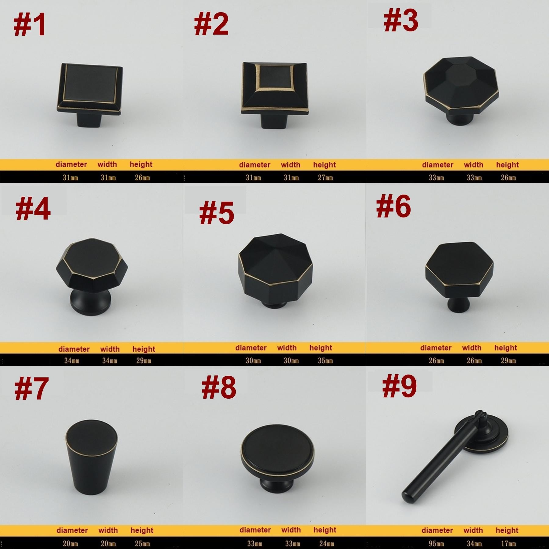 Matte Black Solid Brass Cabinet Knobs Gold Accents Art Deco Geometric Drawer Pulls Kitchen Dresser Closet Modern Classic Furniture