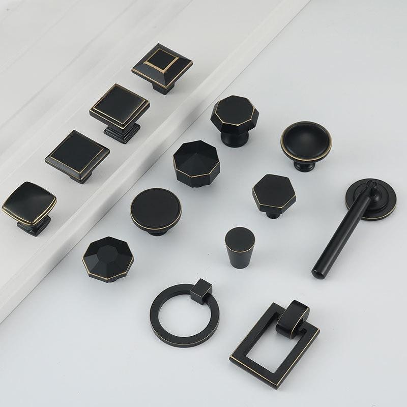 Matte Black Solid Brass Cabinet Knobs Gold Accents Art Deco Geometric Drawer Pulls Kitchen Dresser Closet Modern Classic Furniture