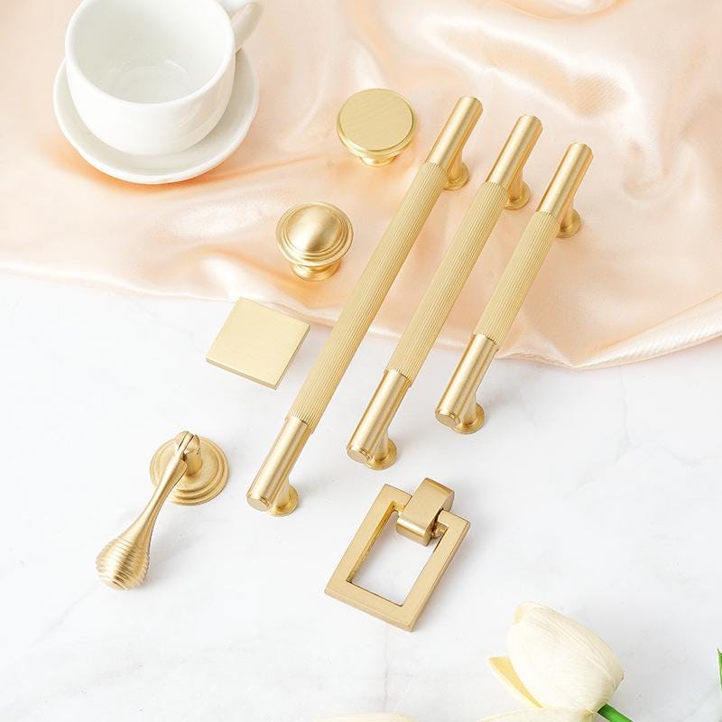 Luxury Gold Solid Brass Cabinet Handles Modern Minimalist Art Deco Drawer Pulls with Knurled Texture for Kitchens Wardrobes  Dressers