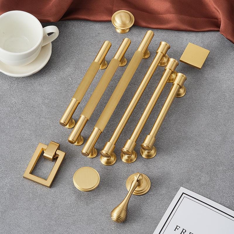 Luxury Gold Solid Brass Cabinet Handles Modern Minimalist Art Deco Drawer Pulls with Knurled Texture for Kitchens Wardrobes  Dressers