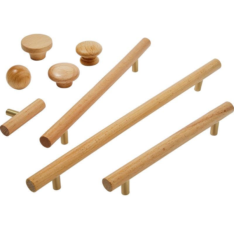 Scandinavian Japandi Wood & Brass Cabinet Handles Minimalist Eco-Friendly Drawer Pulls Knobs for Modern Kitchens Wardrobes Dressers