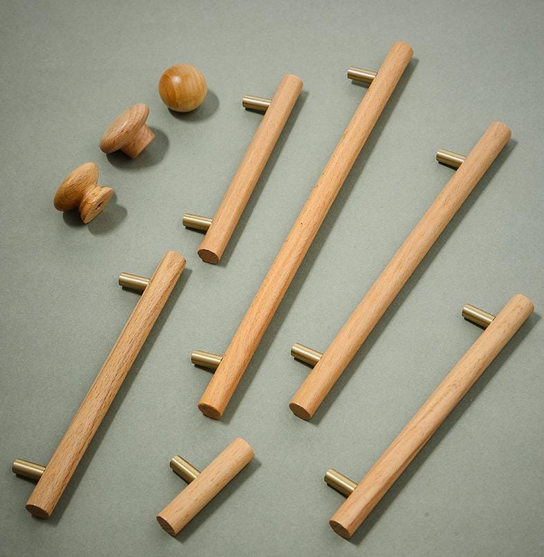 Scandinavian Japandi Wood & Brass Cabinet Handles Minimalist Eco-Friendly Drawer Pulls Knobs for Modern Kitchens Wardrobes Dressers