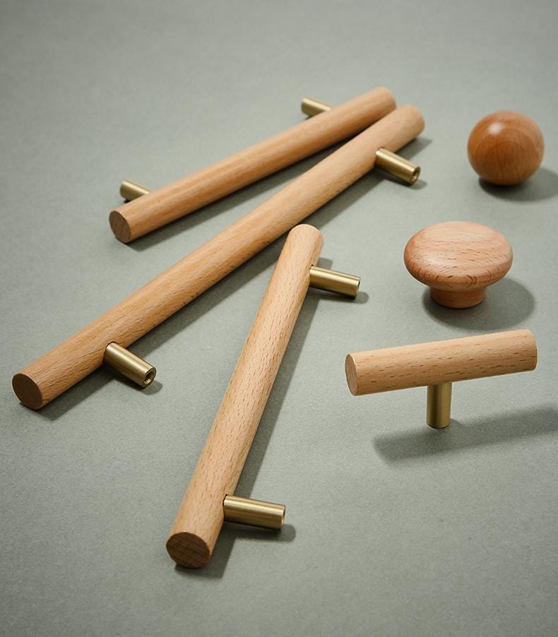 Scandinavian Japandi Wood & Brass Cabinet Handles Minimalist Eco-Friendly Drawer Pulls Knobs for Modern Kitchens Wardrobes Dressers