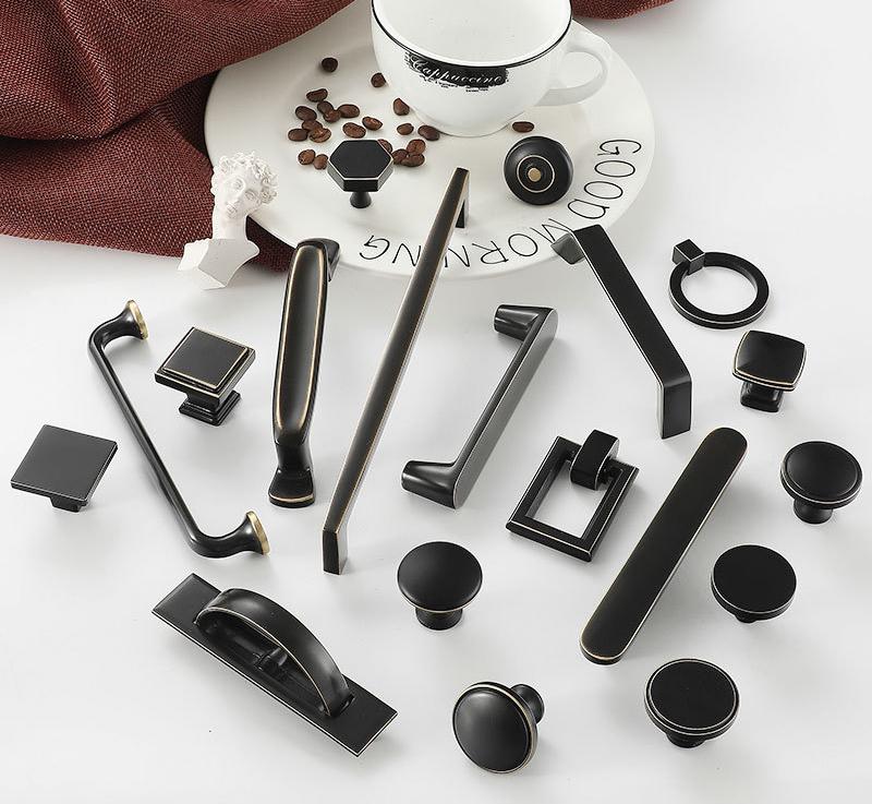 Matte Black Cabinet Knobs Pulls Solid Brass Modern Industrial Drawer Handles with Gold Accents for Kitchen Dresser Closet Office Furniture