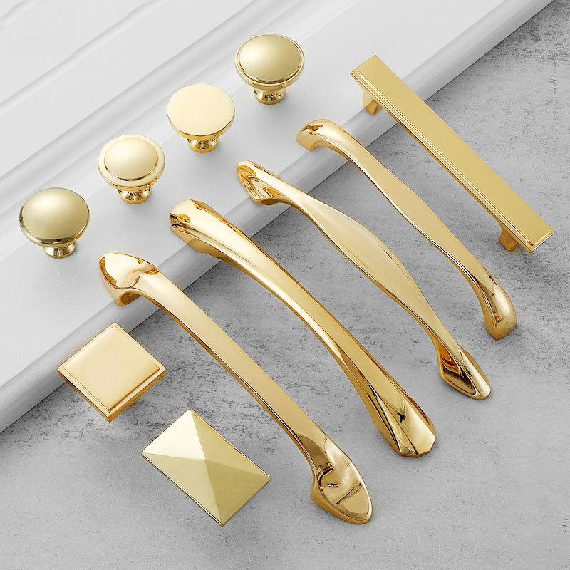 Glossy Gold Solid Brass Cabinet Knobs Pulls Modern Minimalist Drawer Handles for Kitchen Closet Dresser Glamorous Luxury Interior Decor