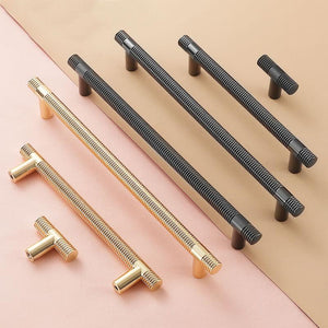 Solid Brass Knurled Cabinet Pulls & Knobs - Black Finish Hardware - Gold - T-Shape / 1pc