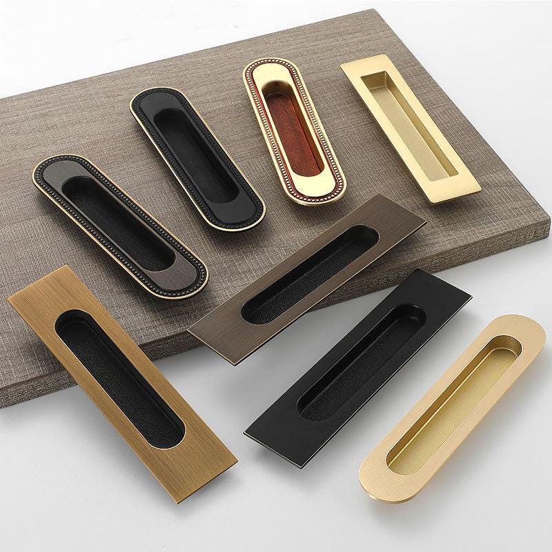 Recessed Cabinet Solid Brass Pulls Modern Vintage Flush Handles in Gold Bronze Black Sliding Doors Drawers Minimalist Furniture