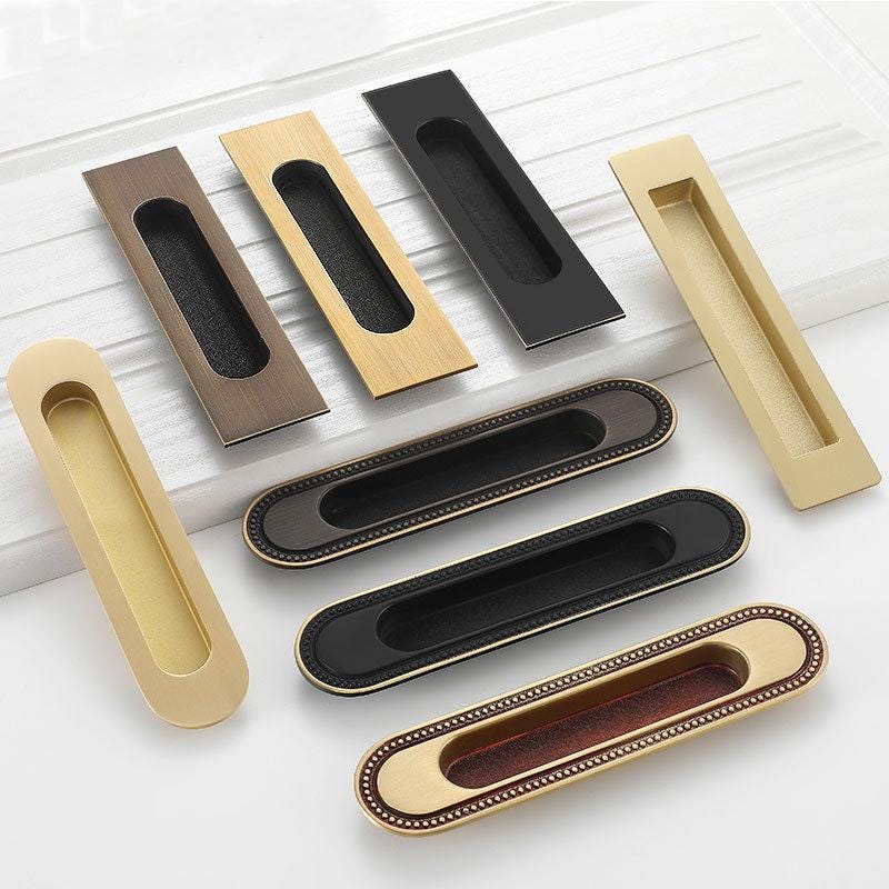 Recessed Cabinet Solid Brass Pulls Modern Vintage Flush Handles in Gold Bronze Black Sliding Doors Drawers Minimalist Furniture