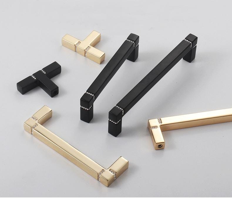 Luxury Modern Cabinet Pulls Gold Black Solid Brass Drawer Handles Rhinestone Detail Glam Kitchen Closet Dresser Bathroom Bedroom Decor