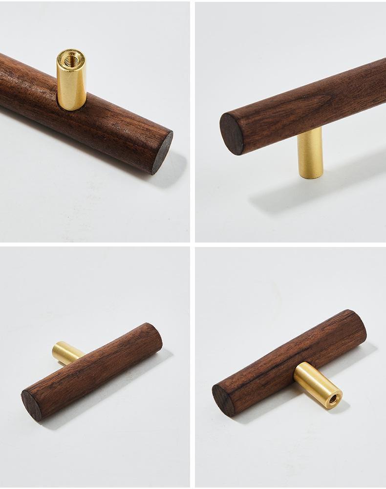 Dark Wood Cabinet Handles Knobs Walnut Pulls Solid Brass Base Scandinavian Japandi Modern Kitchen Bathroom Bedroom Drawer Decor Hardware