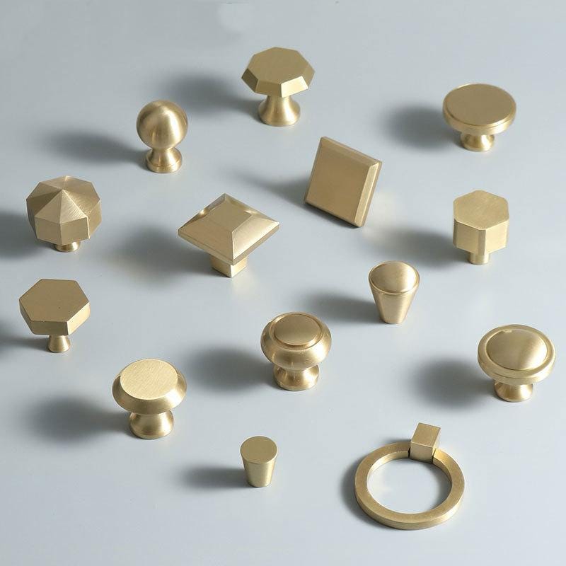 Gold Solid Brass Cabinet Knobs Modern Minimalist Furniture Handles Round Hexagon Square Cone Shapes Kitchen Dresser Closet Decor