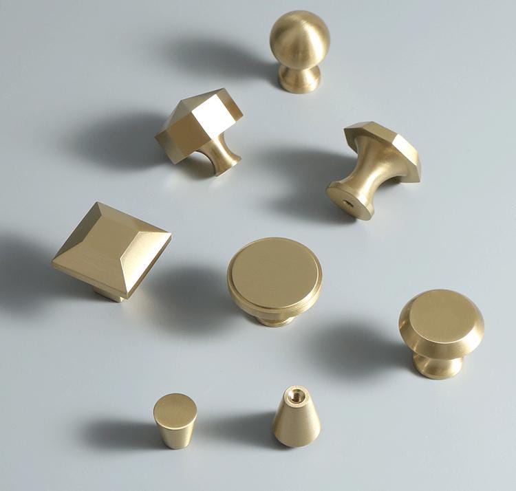 Gold Solid Brass Cabinet Knobs Modern Minimalist Furniture Handles Round Hexagon Square Cone Shapes Kitchen Dresser Closet Decor