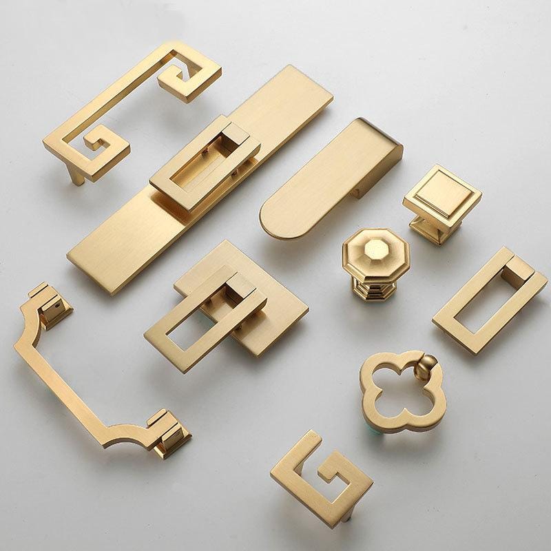 Art Deco Cabinet Solid Brass Pulls Modern Geometric Gold Handles Knobs Luxury Kitchen Closet Dresser Glamorous Furniture Decor