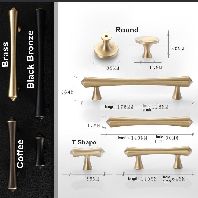 Modern Designer Cabinet Solid Brass Pulls Unique Bronze Gold Black Handles Tapered Silhouette Dresser Closet Kitchen Decor