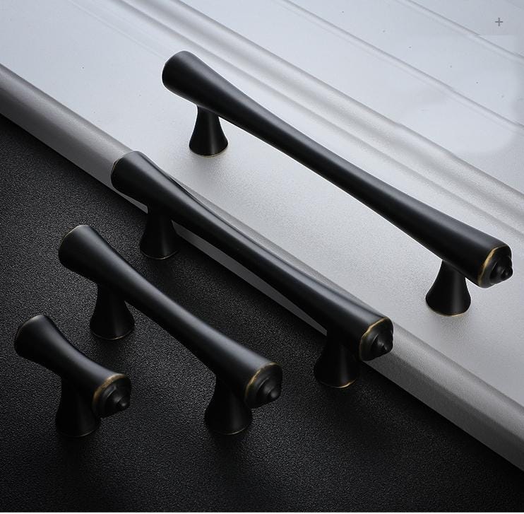 Modern Designer Cabinet Solid Brass Pulls Unique Bronze Gold Black Handles Tapered Silhouette Dresser Closet Kitchen Decor