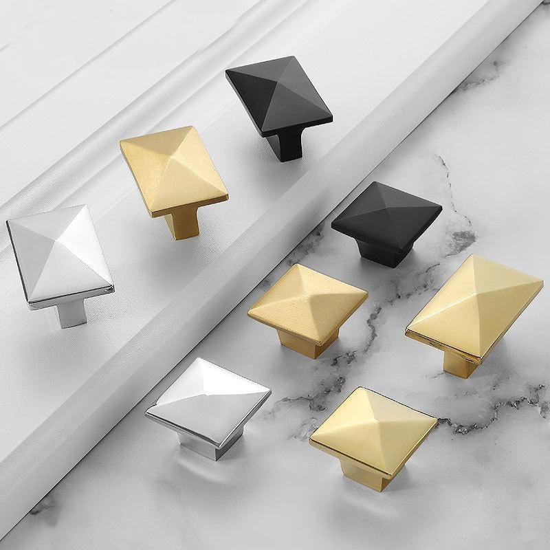 Geometric Pyramid Solid Brass Cabinet Knobs Modern Gold Black Silver Diamond-Shaped Drawer Pulls Kitchen Closet Dresser Furniture