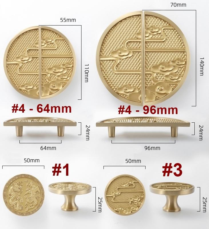 Chinese Antique Solid Brass Cabinet Knobs Brass Round Handles Dragon Phoenix Cloud Motifs Oriental Furniture Closet Doors Decor