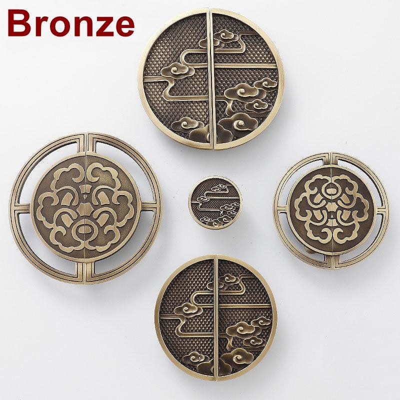Chinese Antique Solid Brass Cabinet Knobs Brass Round Handles Dragon Phoenix Cloud Motifs Oriental Furniture Closet Doors Decor