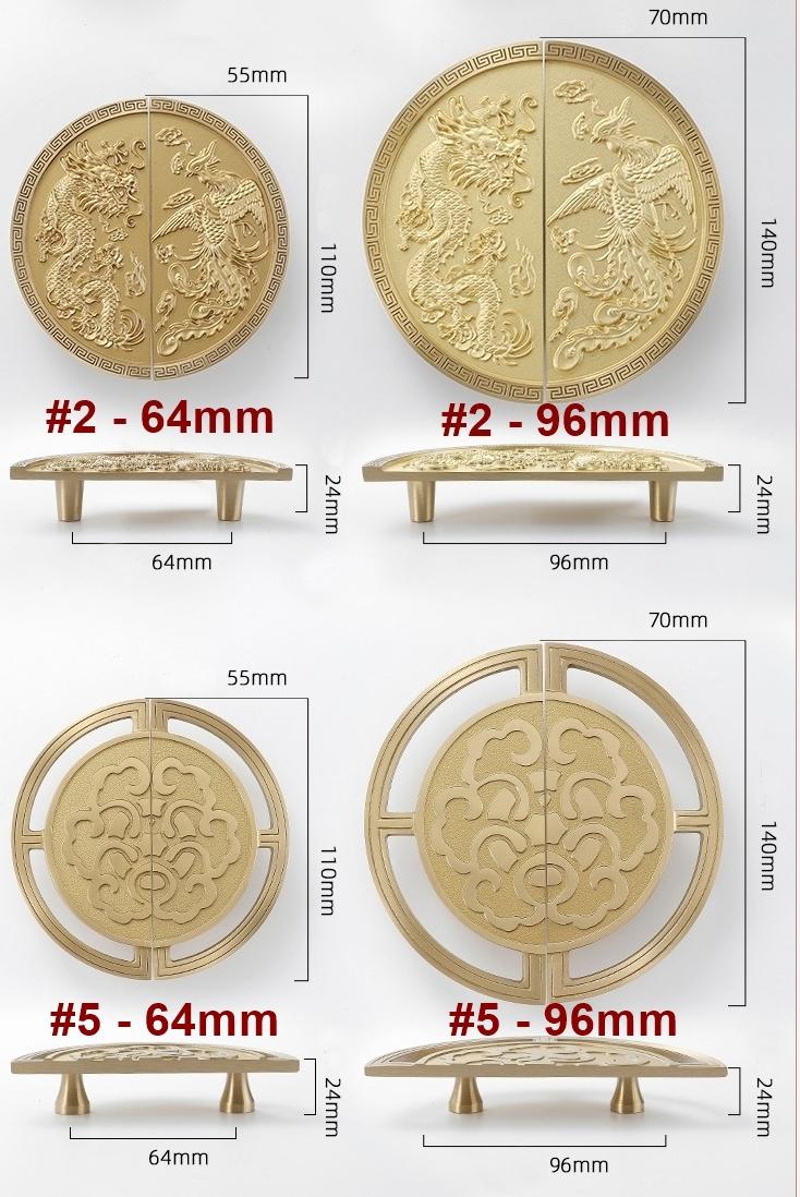 Chinese Antique Solid Brass Cabinet Knobs Brass Round Handles Dragon Phoenix Cloud Motifs Oriental Furniture Closet Doors Decor