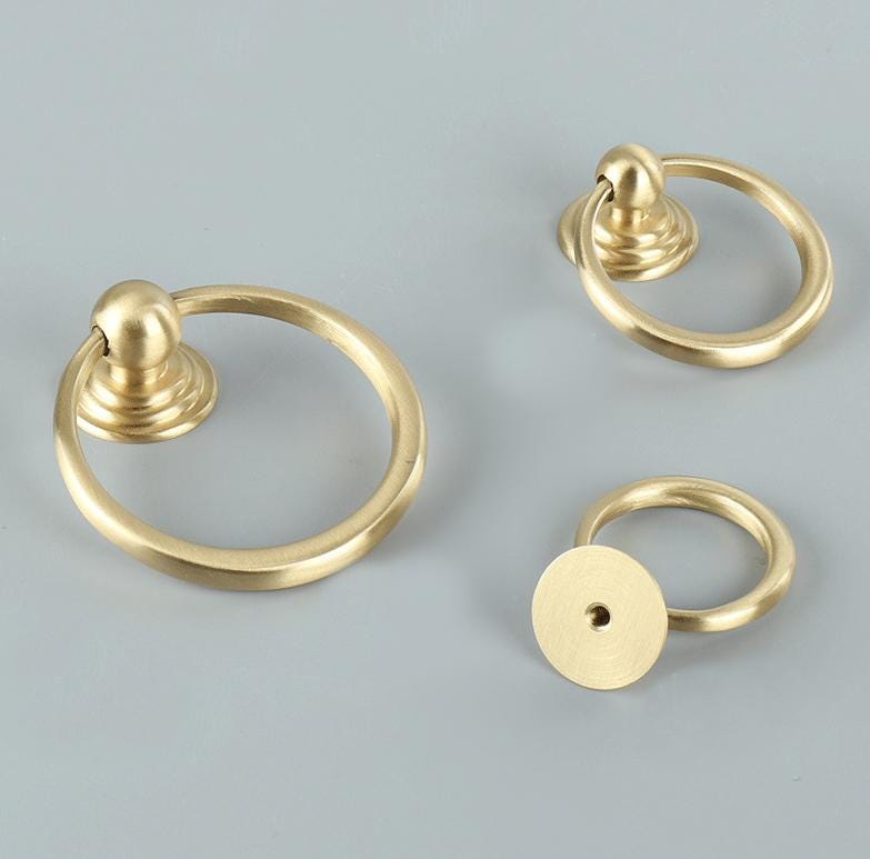 Gold Solid Brass Drop Pulls Ring Handles Classic Retro Vintage Cabinet Knobs Dresser Closet Kitchen Drawers Transitional Antique Furniture