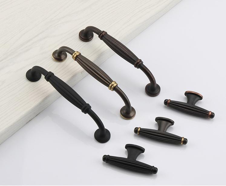 Vintage Solid Brass Cabinet Pulls Knobs Ruffled Bronze and Black Handles with Antique Accents for Dresser Kitchen Closet Rustic Decor