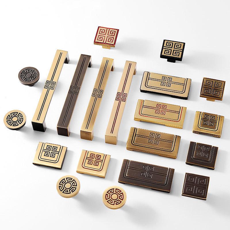 Oriental Cabinet Solid Brass Knobs Pulls Gold Black Bronze Handles Chinese Geometric Pattern Dresser Closet Furniture Decor