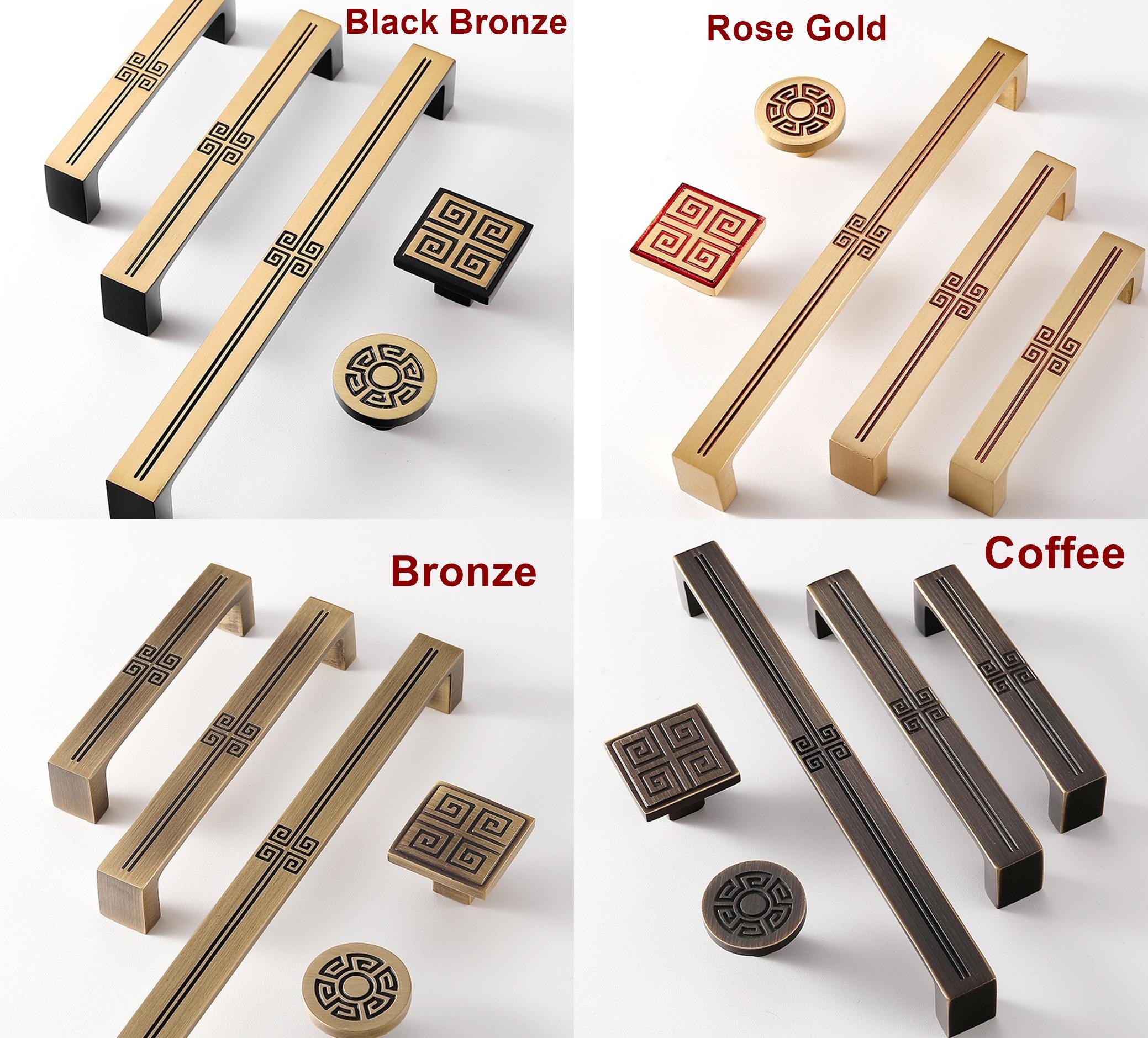 Oriental Cabinet Solid Brass Knobs Pulls Gold Black Bronze Handles Chinese Geometric Pattern Dresser Closet Furniture Decor