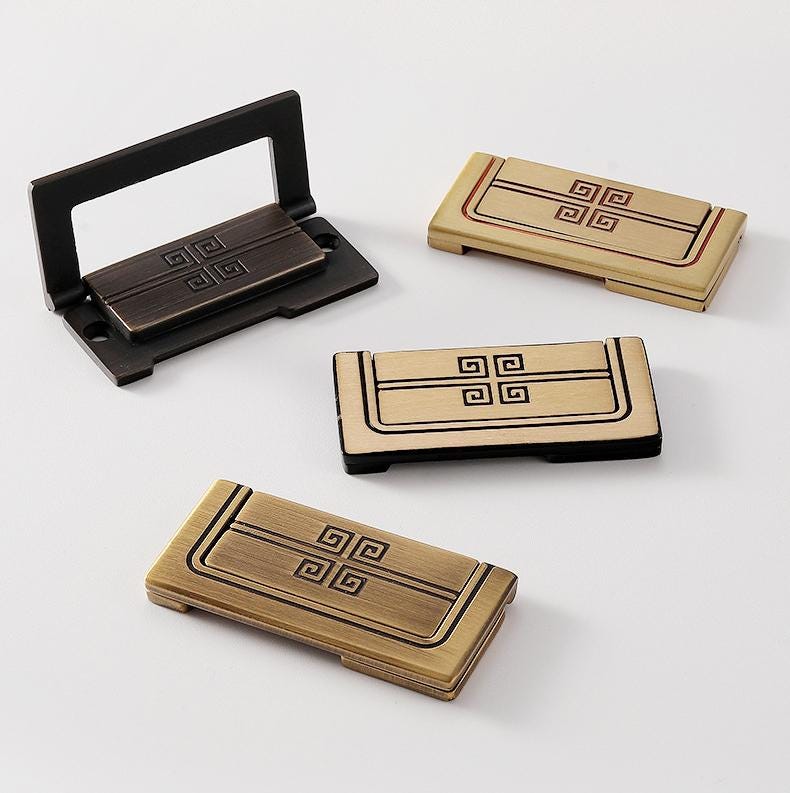 Oriental Cabinet Solid Brass Knobs Pulls Gold Black Bronze Handles Chinese Geometric Pattern Dresser Closet Furniture Decor