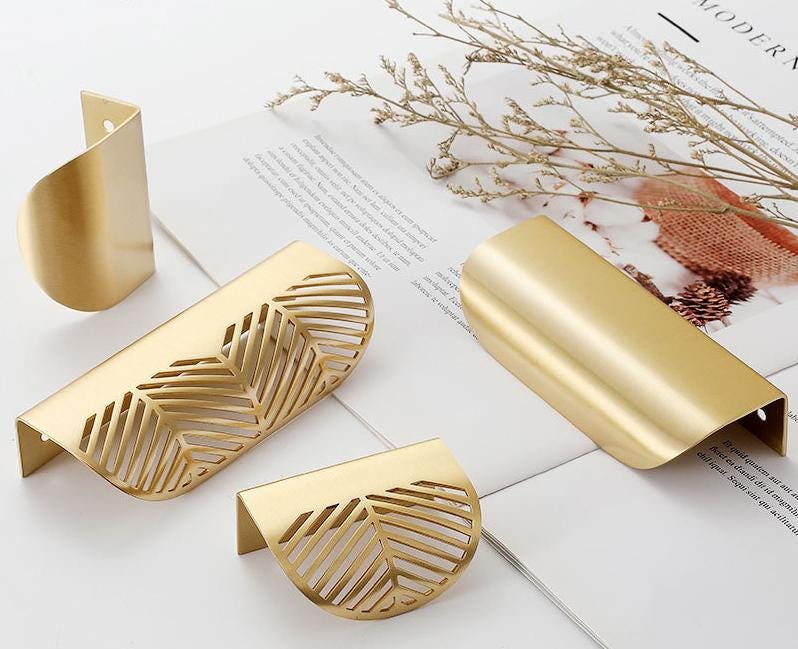 Modern Solid Brass Drawer Pulls Art Deco Minimalist Cutout Cabinet Handles Gold Half Moon Leaf Kitchen Bathroom Cupboard Bedroom Dresser